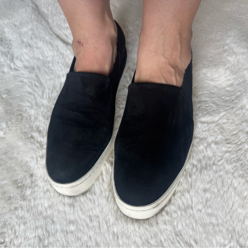 Vince platform slip on black suade shoes.